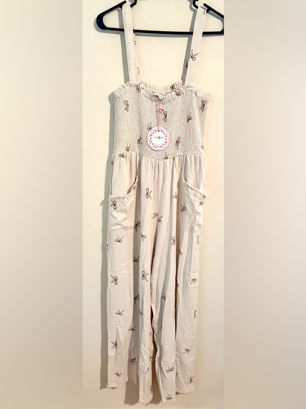 NWT Women’s Umgee Cream with Embroidered Brown Bows Jumpsuit Pants Romper Sz Med
